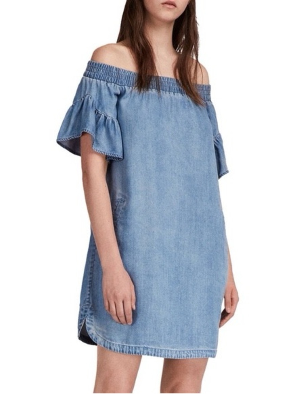 Allsaints Adela Chambray Off the Shoulder Dress with Pockets size medium EUC
